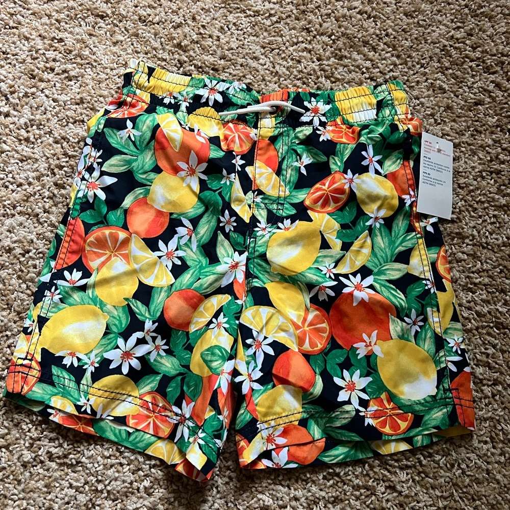 Vibrant Citrus Print Kids Swim Trunks